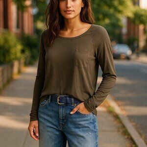 DOLAN ANTHRO Chiffon Panel Long Sleeve Tee  S Small Olive Oversized